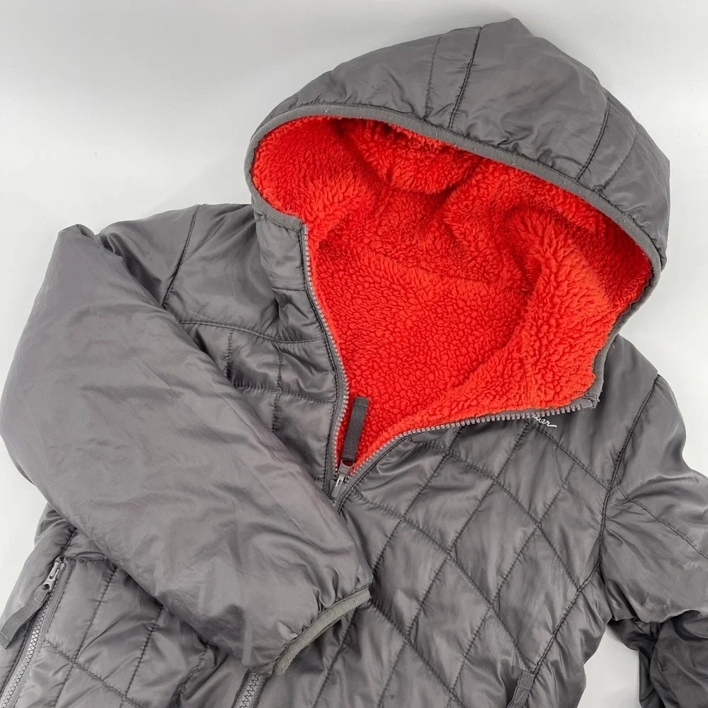 Eddie Bauer Reversible Fleece‎ Puffer Jacket Hooded Orange Gray Kids S